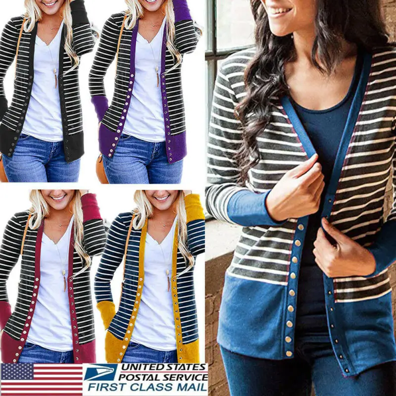 Женский вязаный длинный кардиган в полоску с длинными рукавами и пуговицами