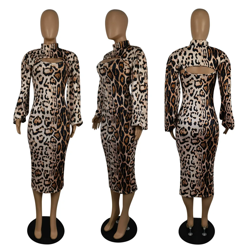 

Women Dress Set European and American Women's Autumn New Fashion Leopard Print Long-sleeved Dress Two-piece Outfits Donsignet