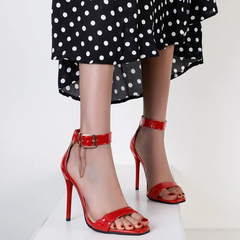 

Ochanmeb Big Plus Size 47 48 Women's Stiletto 11cm Thin High Heels Sandals Woman Black Red Gold Metal Chain Buckle Belt Shoes 33