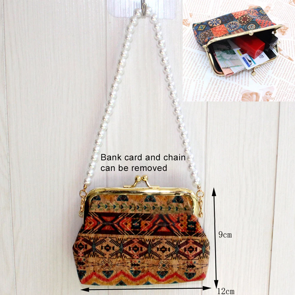 

Vintage Coin Purses Women Small Wallet Printing Hasp Cash Card Wallet Fashion Faux Pearl Strap Handbags Money Zero Bag