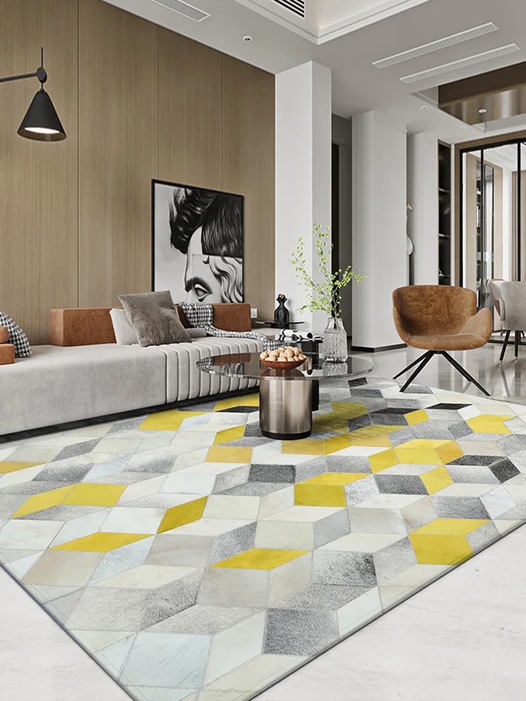 

Modern Cowhide Carpet Yellow Square Stitching Bedroom Living Room Tea Table Carpet Geometric Design Handmade Rugs