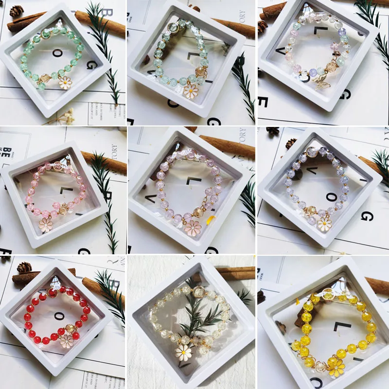 

1 Box Fashion DIY Round Crystal Beaded Bracelet with Daisy Flower Heart Key Star Metal Pendant Charms for Women Girl Students