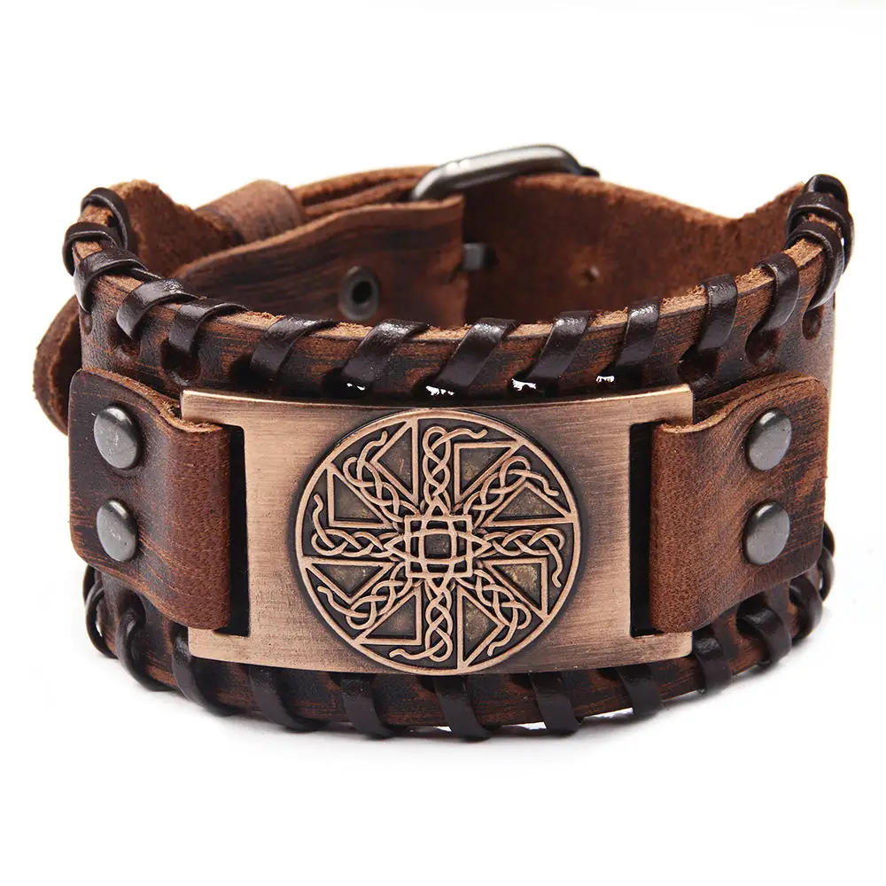QNW2576 Brown Браслет-манжета из натуральной кожи с регулируемой металлической пряжкой Viking Compass Vegvisir для женщин и мужчин - Окраска металла: QNW2576 Brown