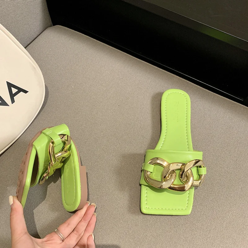 

Women Shoes Slippers For Home Female Flats Rubber Slippers Women Flip Flop Metal Decoration Slides 2021 Women Summer Footwear