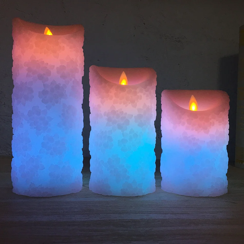 С цветочной вышивкой Воск СВЕТОДИОДНЫЙ свечи с RGB пульт дистанционного управления, уникальный светодиодный лампы в форме свечи для похода в спа-салон, бар, Кофе магазин, декорация для дома и отеля, рождественские украшения