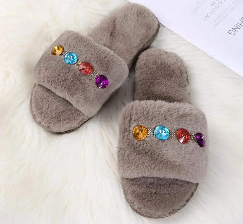 

Winter Women House Slippers Faux Fur Fashion Warm Shoes Woman Slip on Flats Female Slides cozy home furry slippers