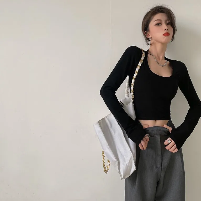 

2021 Spring New Long Sleeve Short Slim Fit Inner Bottoming Shirt Top Korean Style Sexy U Collar All-Match T-shirt Women's