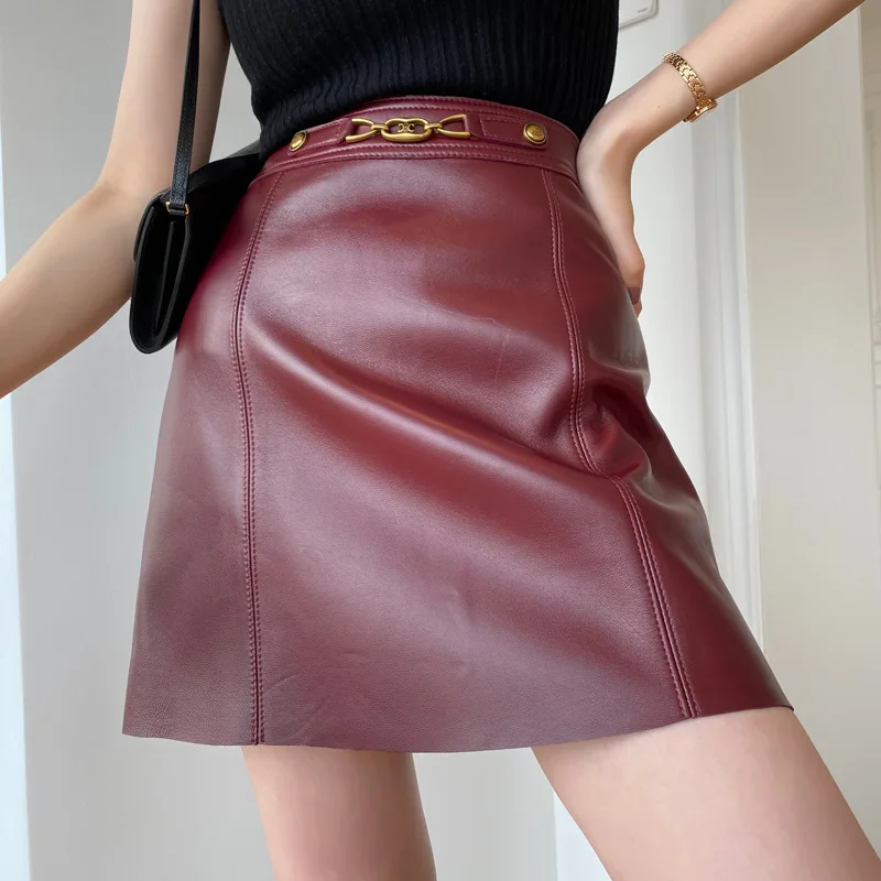 Autumn 2021 new high-waisted sheepskin leather A-word thin casual skirt short leather skirt girl plus high fashion mujer faldas