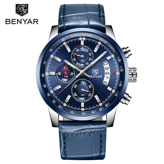 L-sillver blue Мужские часы BENYAR, новинка, топ класса люкс, бренд, Бизнес Стиль, дата, мужские часы, сетка, нержавеющая сталь, кварцевые часы с хронографом, zegarek meski - Цвет: L-sillver blue