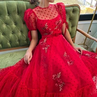 eightale 2022 prom dresses red short sleeve applique evening dress sexy a line tea length night cocktail party gowns plus size