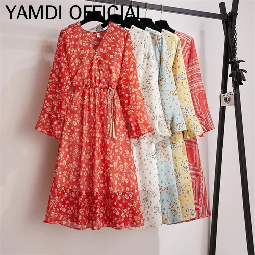 YAMDI Платья с цветочным принтом женские эластичные талии кружева лето осень