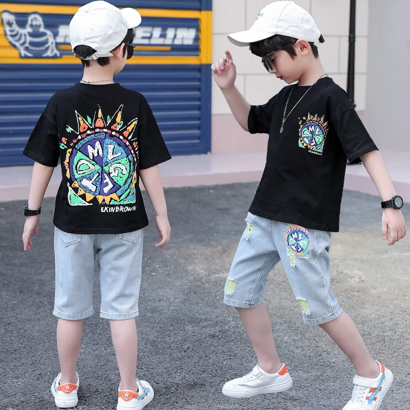 

Boys Clothes Sets Summer Short Sleeve T-Shirt + Denim Short Pants for Kids Boy Sports Suit Children Clothing Outfits 3-14 Years