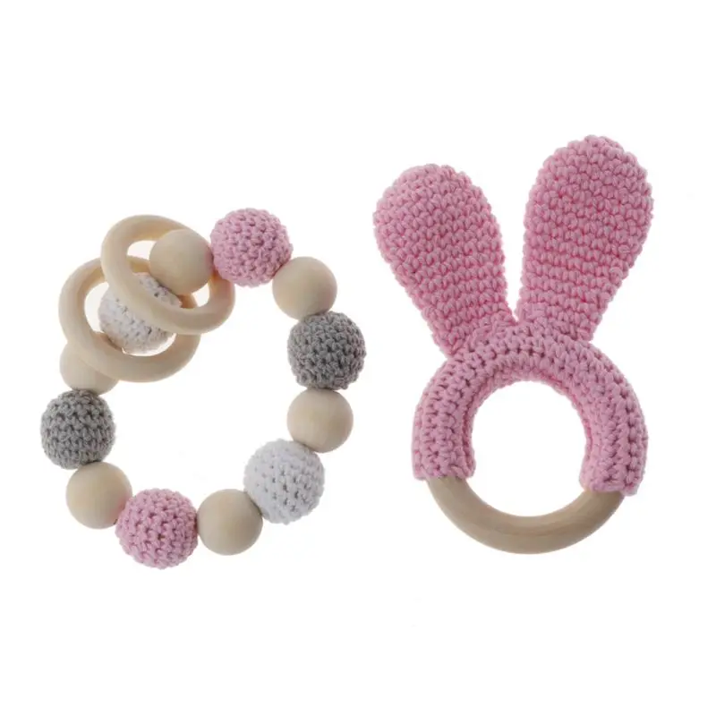 

2Pcs Natural Wooden Crochet Baby Teether Teething Bracelet Ring Rattle Toy Gift Q1FE