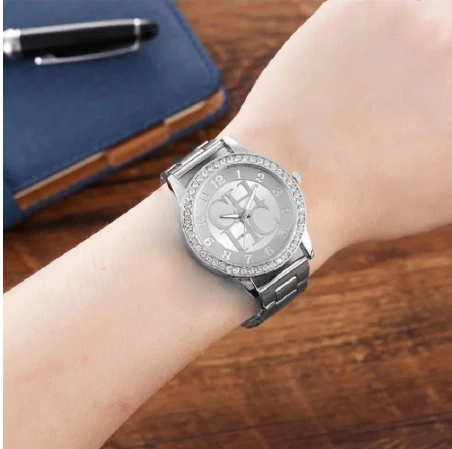Zegarek Damski-Luxury Men's and Women's Sports Chronograph Quartz Watch with Crystal Metal Mesh Fashion DQG 2021