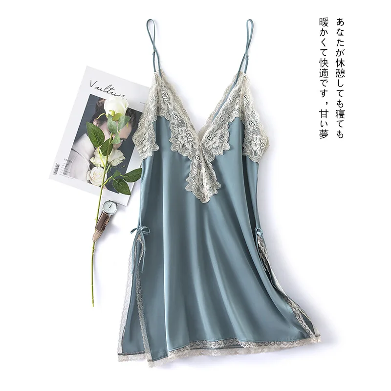 

Women V-neck Sleepwear Appliques Sexy Nightgown Home Dressing Gown Intimate Lingerie SATIN Sleepwear Suspender Strap Nightdress