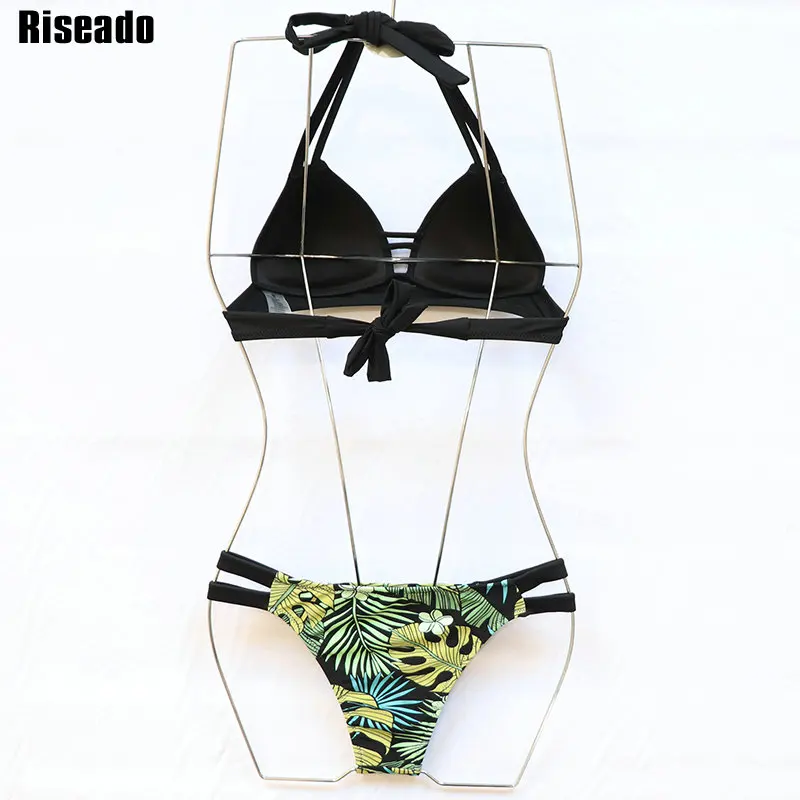 

Riseado Push Up Sexy Bikini Halter Swimsuit Knotted Swimwear Women Leaf Print Bathing Suit 2021 Ladder Cutout Beachwear Summer