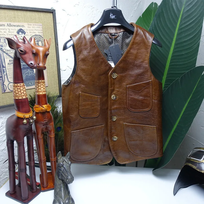 Мужской жилет из натуральной воловьей кожи коричневый без рукавов размера xxxxl 4xl