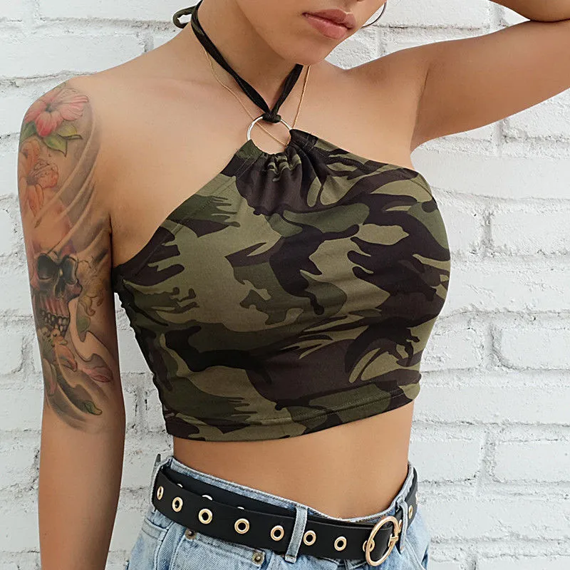 

Fashion Womens Sexy Camouflage Halter Crop Top Summer Casual Cotton Blend Army Green Back Tie Up Camis Vest Tops