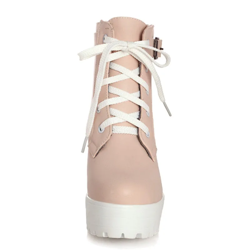 Женские ботинки на платформе розовые ботильоны толстом каблуке со шнуровкой