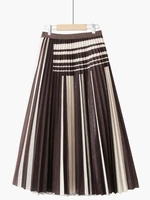 tigena vintage striped midi long skirt for women 2021 autumn casual elegant a line high waist pleated mid length skirt female