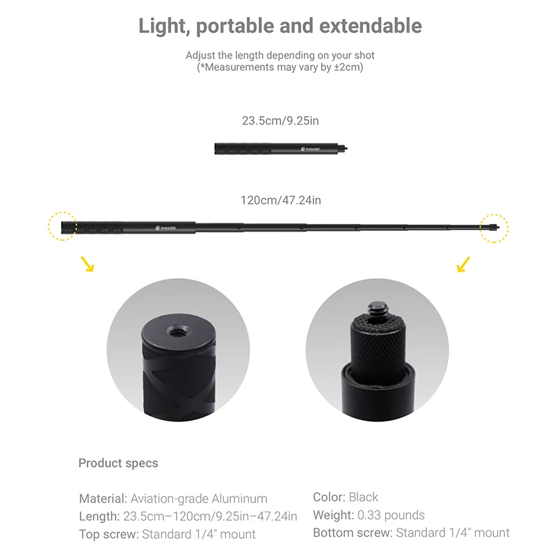 Insta360 120 см невидимая селфи палка 1/4 винтовой порт для экшн камеры Insta360GO 2 ONE R X