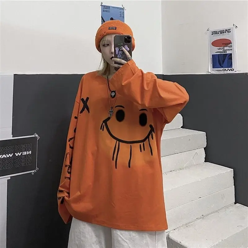 

Hip-hop urban t-shirt for men letter printed loose Harajuku style blouse dark black full-sleeved bottoming y2k T-shirt smiley