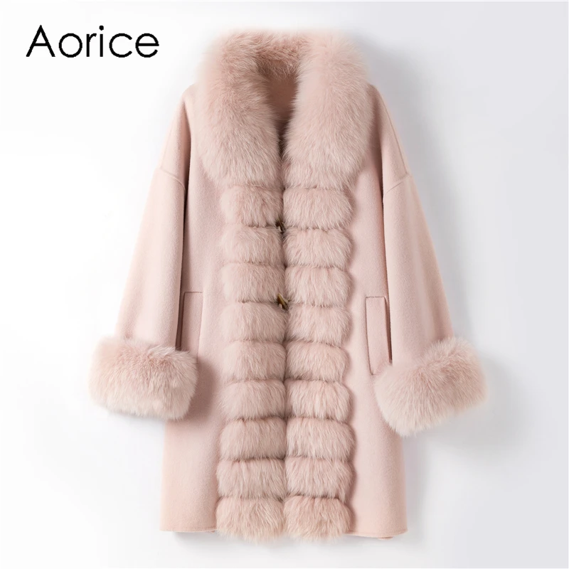 Aorice TX205605 Женское пальто из 90% натуральной шерсти с меховым воротником из натурального Лисьего меха, зимнее пальто, элегантная женская куртка с роговыми пряжками, пальто