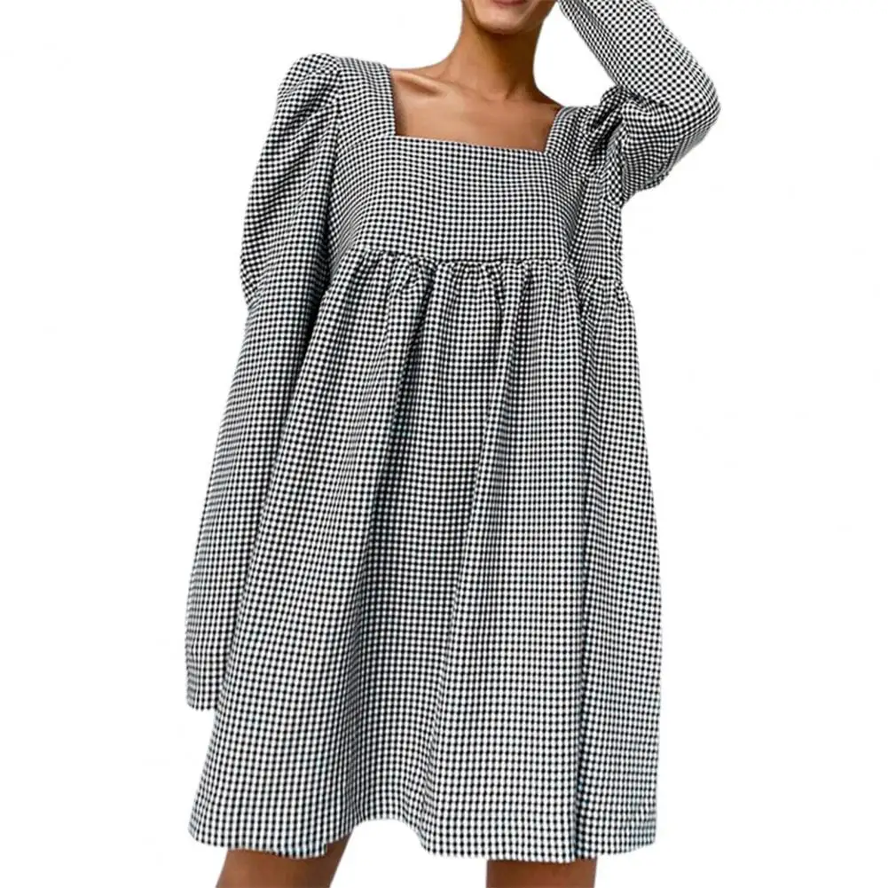 

Fashion Summer Dress Black White Plaid Square Neck Long Sleeve Square Neck Women Mini Dress Vintage A Line Women Dresses 2021