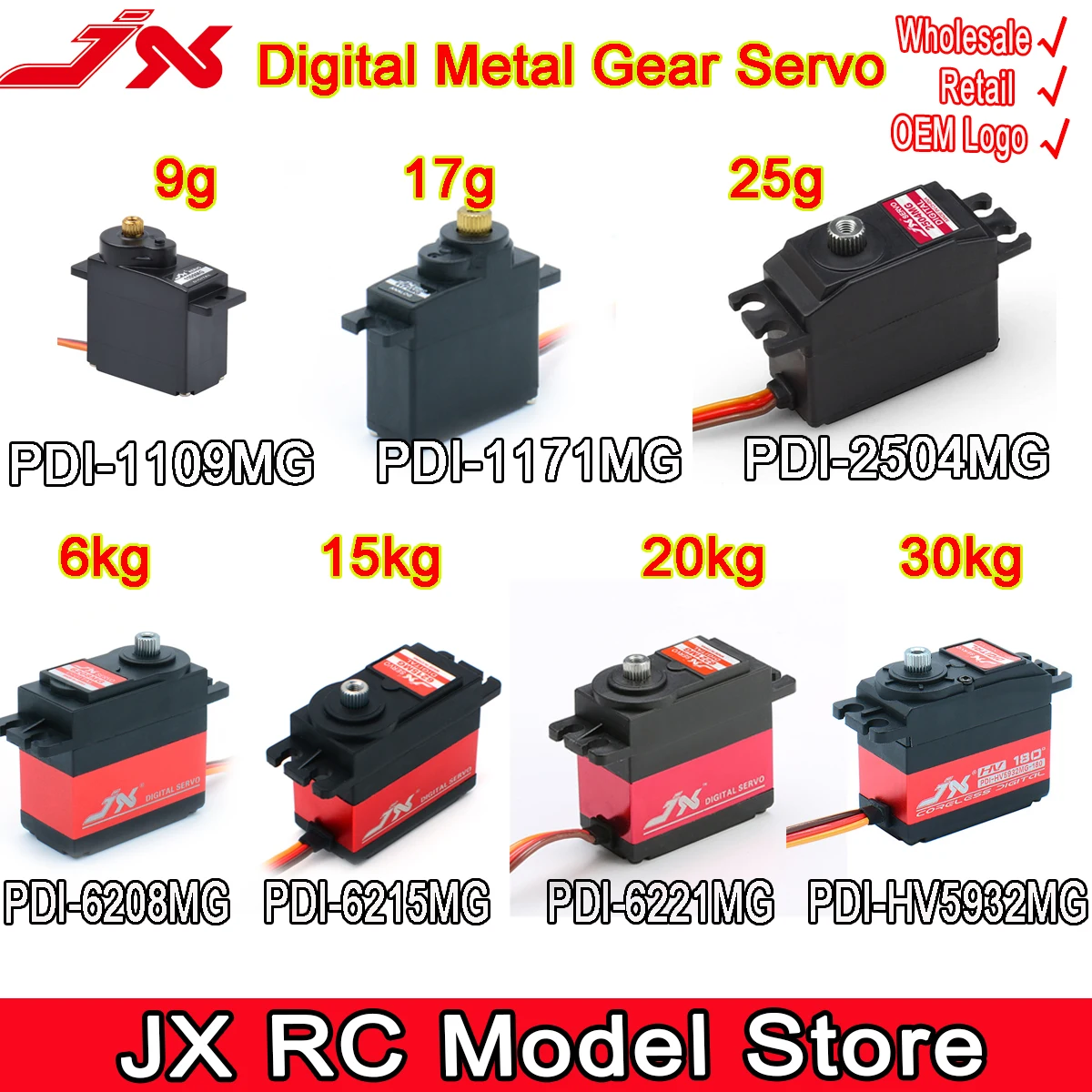 

JX Digital RC Servo 9G 17G 25G 6KG 8KG 15KG 20kg 30kg Metal Gear Servo for 1/8 1/10 RC Car Boat Duct Plane Airplane Robot Parts