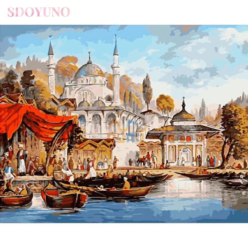 

Набор для рисования по номерам SDOYUNO из акрила с рамкой для взрослых, 40x50 см, Безрамное украшение для дома в европейском замке, масло для припр...