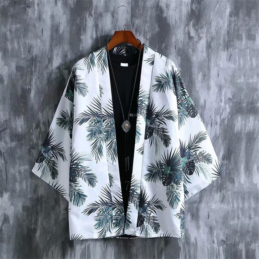 

Fashion Beach Vacation Harajuku Flora Printed Japanese Traditional Palm Tree Kimono Top Men Ukiyo-e Warrior Haori Shirt Cardiagn