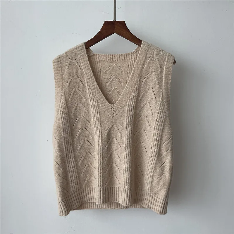 

Осенний вязаный свитер Limiguyue с V-образным вырезом, жилет, винтажный женский джемпер без рукавов, однотонный жилет, повседневный Свободный пу...