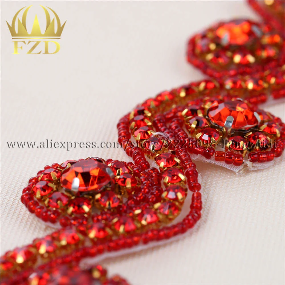 FZD (10yards) Wholesale Sewing On Hot Fix Red Beaded Rhinestone Applique and Trimming Bridal Dresses or Sash Belt for Clothing | Дом и сад