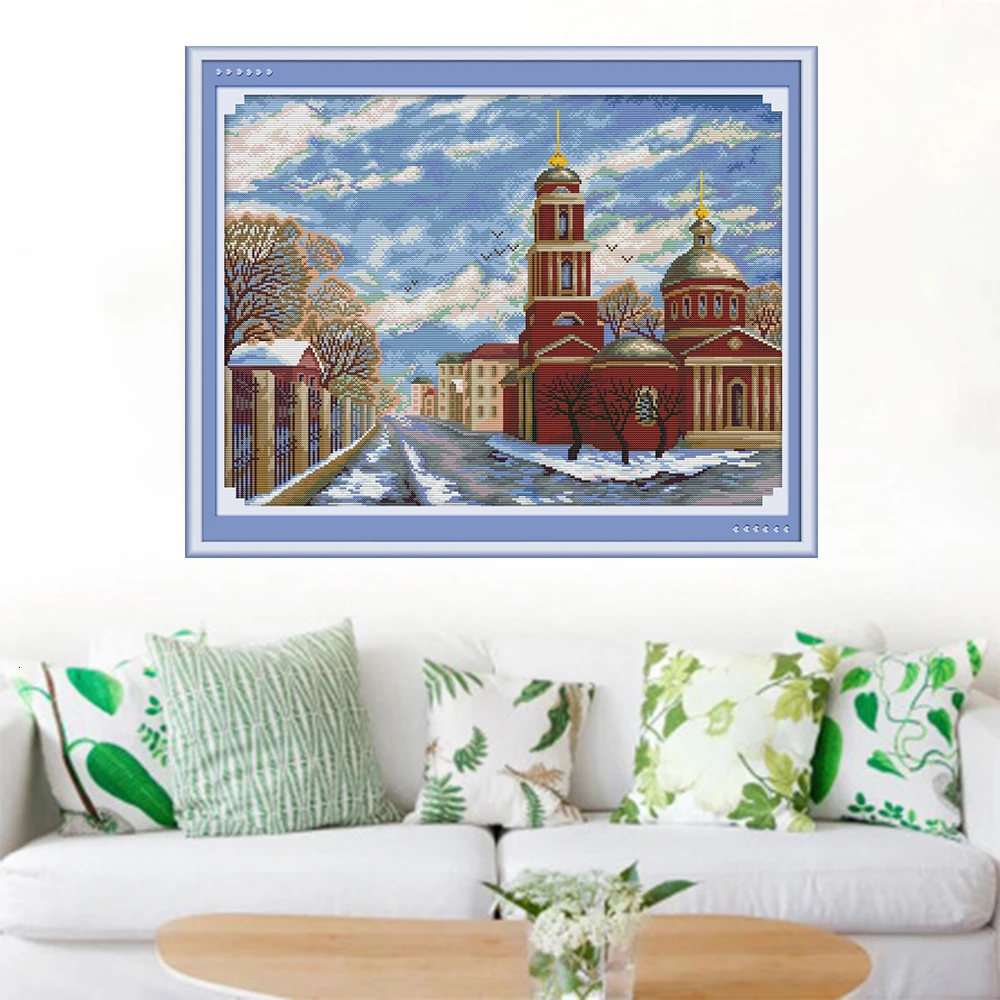 

HUACAN Cross Stitch Embroidery Winter Scenery Needlework Sets For Full Kits White Canvas DIY Home Decor 14CT