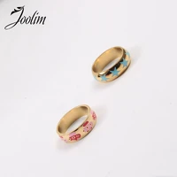 joolim high end gold pvd waterproof colored enamel pentagram mushroom rings for women stainless steel jewelry wholesale