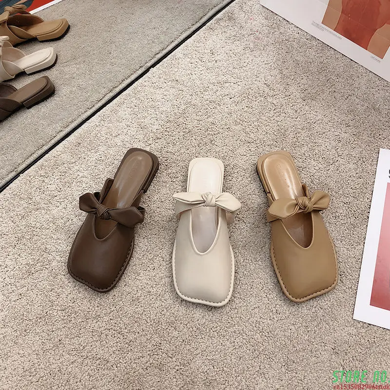 

New Women Slippers Spring Summer Weave Elastic Band Shoes Woman Mules Shoes Pointed Half Slippers Square Heel Outside Slides
