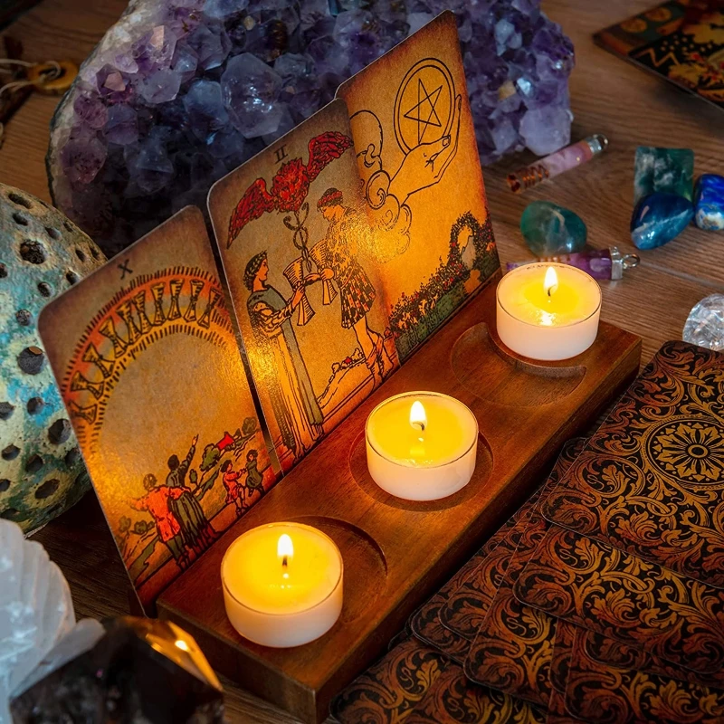 Wood Triple Moon Stand Wooden Tarot Card Candle Display Holder Altar Supplies for Home Bedroom Office Decoration
