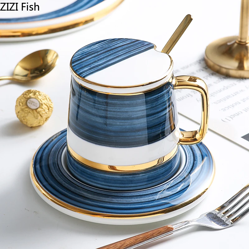 

Nordic style ceramic coffee cup set and dish with lid and spoon creative home decoration kitchen drink