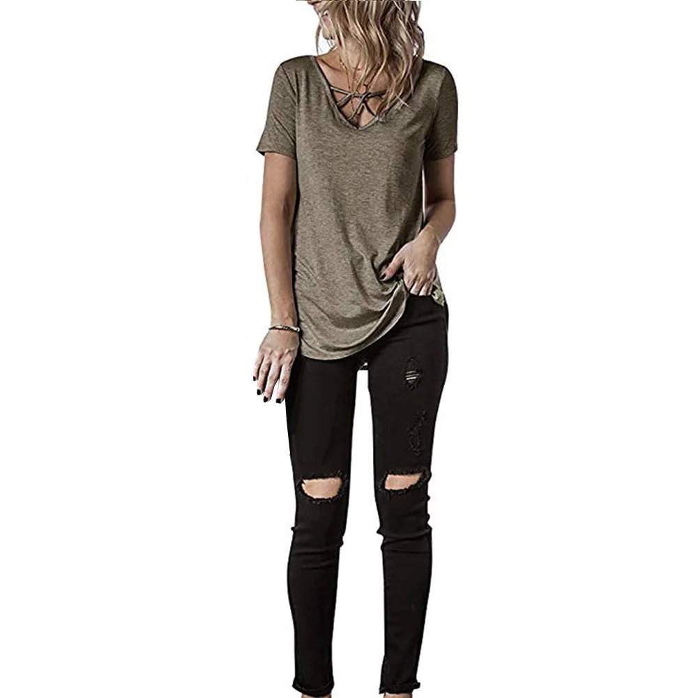 V шеи летние топы с коротким рукавом Свободные повседневные Крест-Накрест