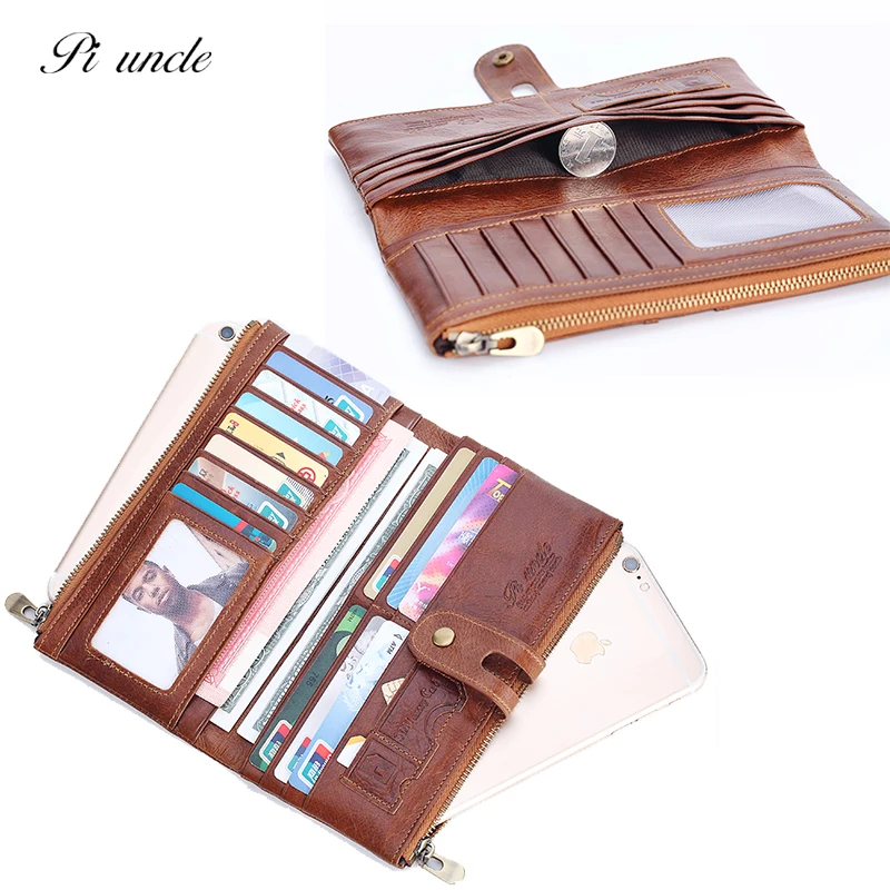 Винтажный Мужской длинный Чехол из воловьей кожи для телефона кошелек на молнии