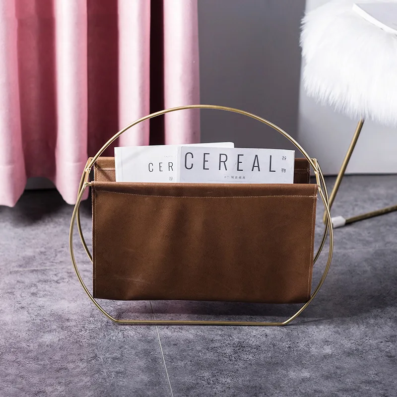 

Nordic modern metal leather magazine storage in the corner of sofa creative handle bookshelf magazine holder desk organizer