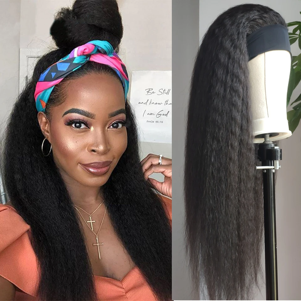 Kinky Straight Headband Wig Human Hair Glueless Half With Head Band Brazilian Yaki Wigs For Black Women | Шиньоны и парики