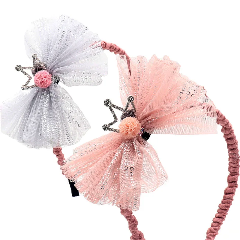 

Children's mesh bow crown rhinestone headband fashion girl high elastic headband lively cute princess hair accessories