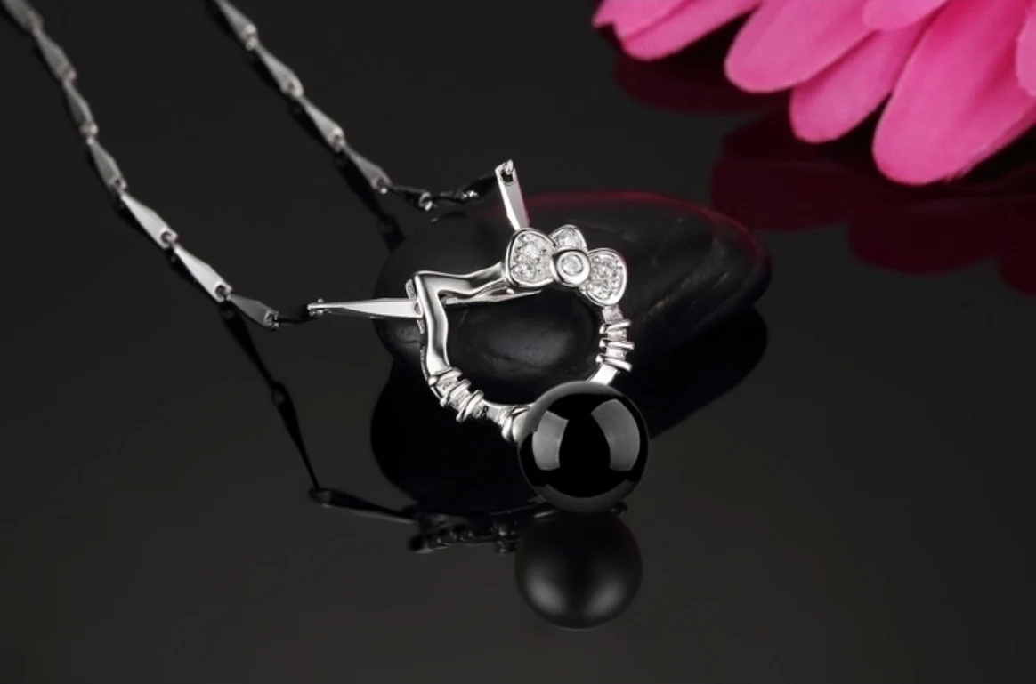 

925 Sterling Silver Red Black Gem Cat Crystal Pendant Neckace For Women Gift 45cm Box Chain choker collares