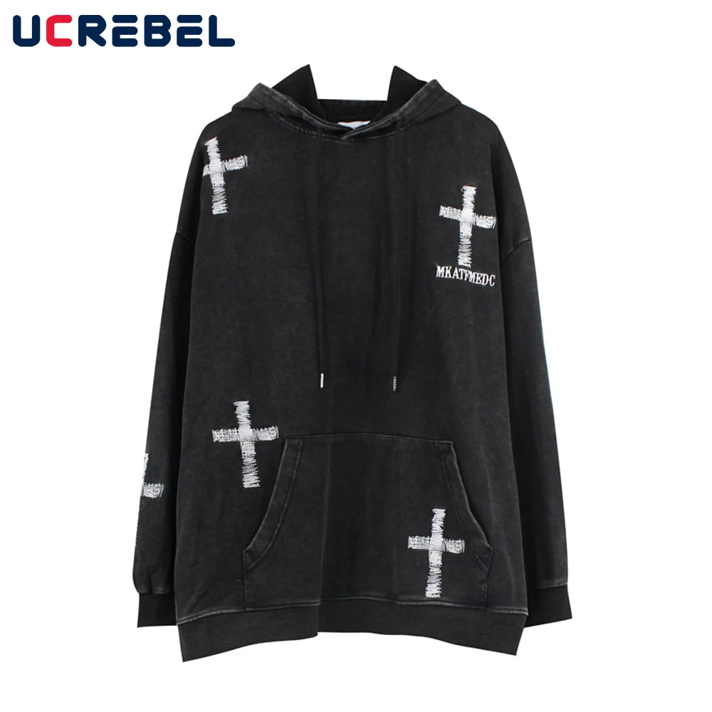 

Cross Embroidery Sweatshirts Mens Streetwear Distressed Hoodies High Street Autumn Casual Loose Long Sleeve Pullover Men