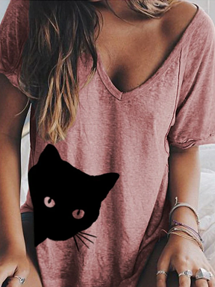 Женская футболка с коротким рукавом V-образным вырезом и принтом котенка | одежда