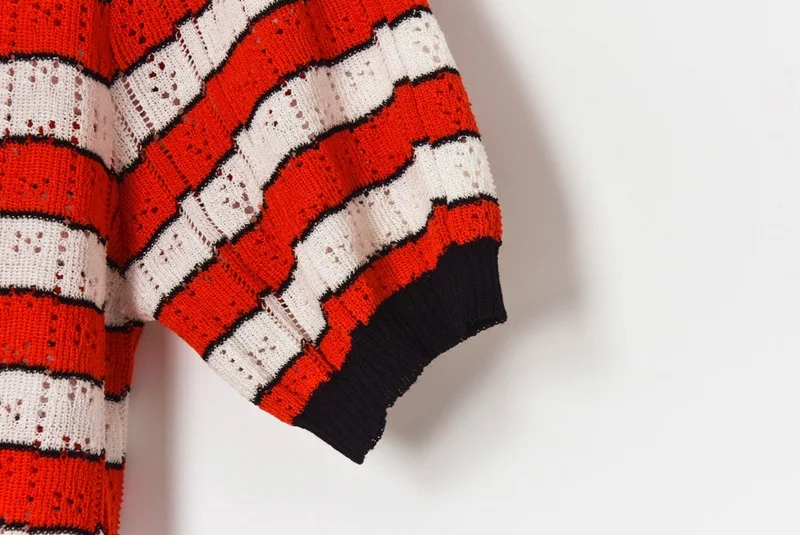 

2021 summer women contrast color striped knitted pullover jumper hollow out short sleeve thin sweater tees tops A438