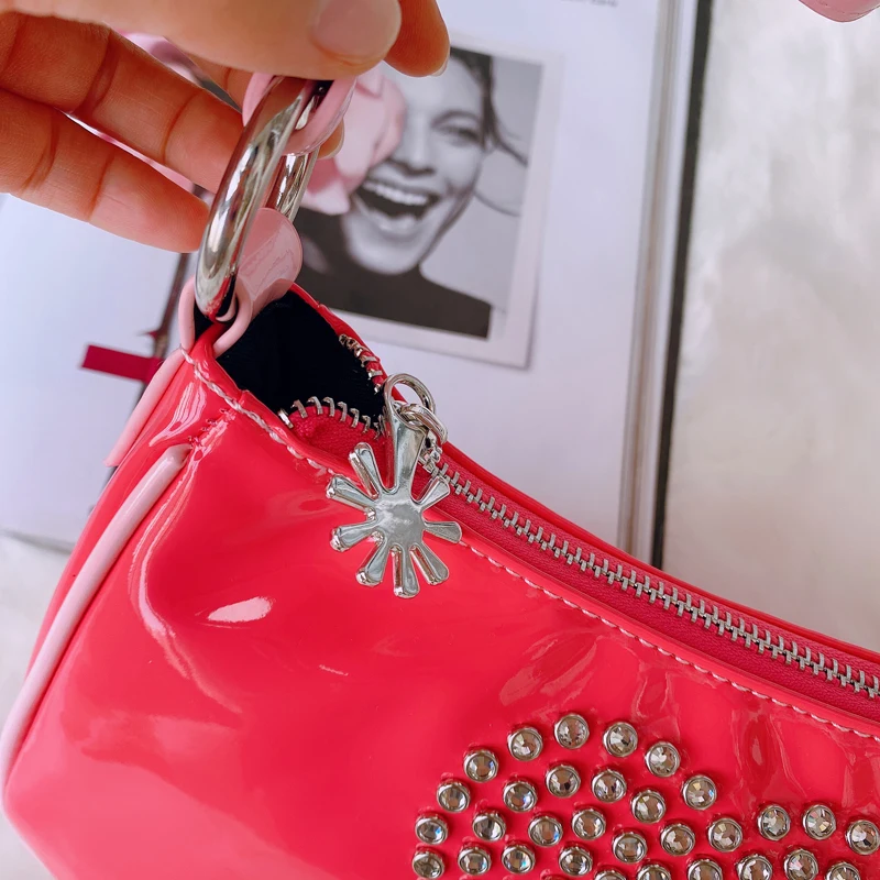 Sweet Girls Cute Kawaii Pink Baguette Bag Women 90s Vintage Rhinestone Heart Mini Handbag Chic Patent Leather PU Axillary Pouch | Багаж и