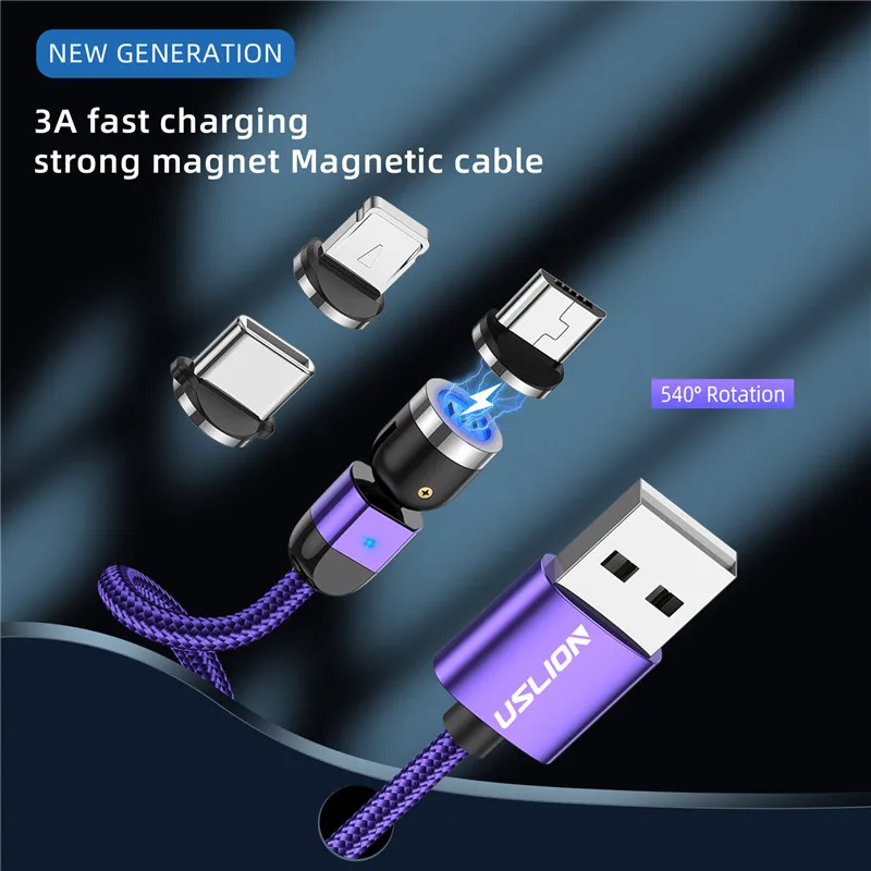 Магнитный USB-кабель USLION 3A с поворотом на 540 градусов для iPhone 11 Plus Samsung Xiaomi |