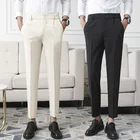 Мужские деловые брюки до щиколотки, бежевые, черные, облегающие, для офиса, не требует глажки, Лето корейские повседневные штаны